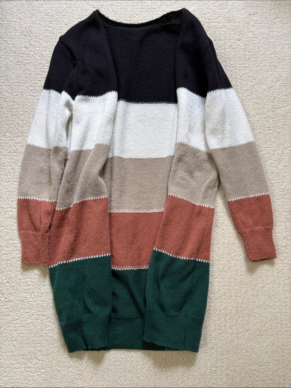 Striped Open-Front Women's Cardigan Sweater - Black, White, Tan, Rust & Green